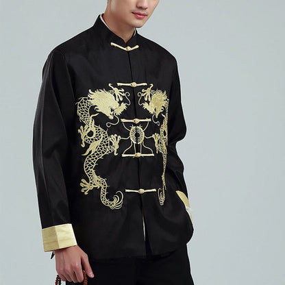 Mythstone Embroider Dragon Turned Sleeves Casual Frog-button Polyester Fiber Men's Jacket Shirt Pants Clothing