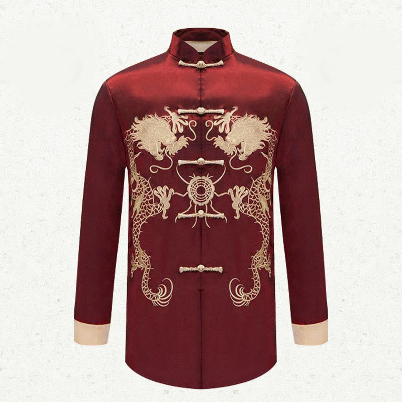 Mythstone Embroider Dragon Turned Sleeves Casual Frog-button Polyester Fiber Men's Jacket Shirt Pants Clothing