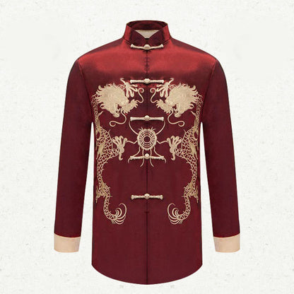 Mythstone Embroider Dragon Turned Sleeves Casual Frog-button Polyester Fiber Men's Jacket Shirt Pants Clothing