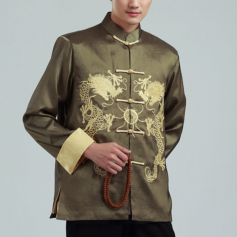 Mythstone Embroider Dragon Turned Sleeves Casual Frog-button Polyester Fiber Men's Jacket Shirt Pants Clothing