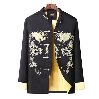 Mythstone Embroider Dragon Turned Sleeves Casual Frog-button Polyester Fiber Men's Jacket Shirt Pants Clothing