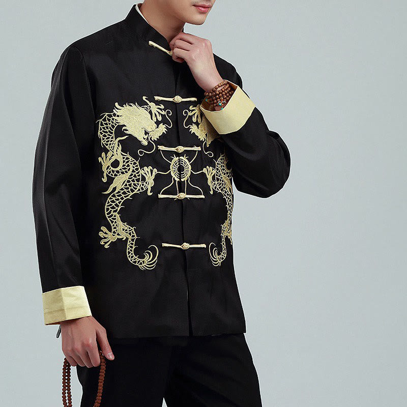 Mythstone Embroider Dragon Turned Sleeves Casual Frog-button Polyester Fiber Men's Jacket Shirt Pants Clothing