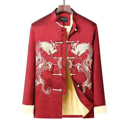 Mythstone Embroider Dragon Turned Sleeves Casual Frog-button Polyester Fiber Men's Jacket Shirt Pants Clothing