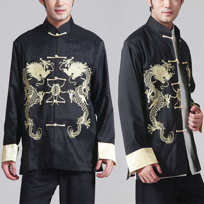 Mythstone Embroider Dragon Turned Sleeves Casual Frog-button Polyester Fiber Men's Jacket Shirt Pants Clothing