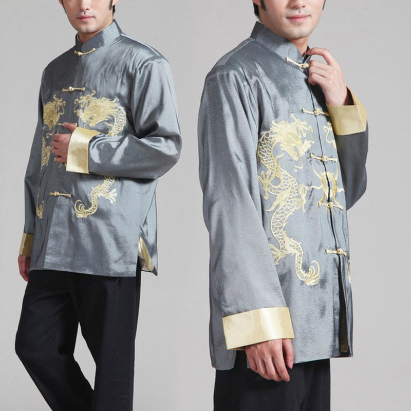 Mythstone Embroider Dragon Turned Sleeves Casual Frog-button Polyester Fiber Men's Jacket Shirt Pants Clothing