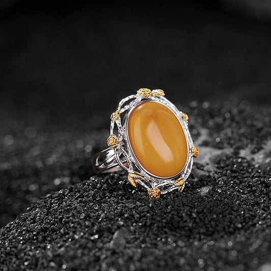 Mythstone 990 Sterling Silver Plated Gold Amber Focus Adjustable Ring