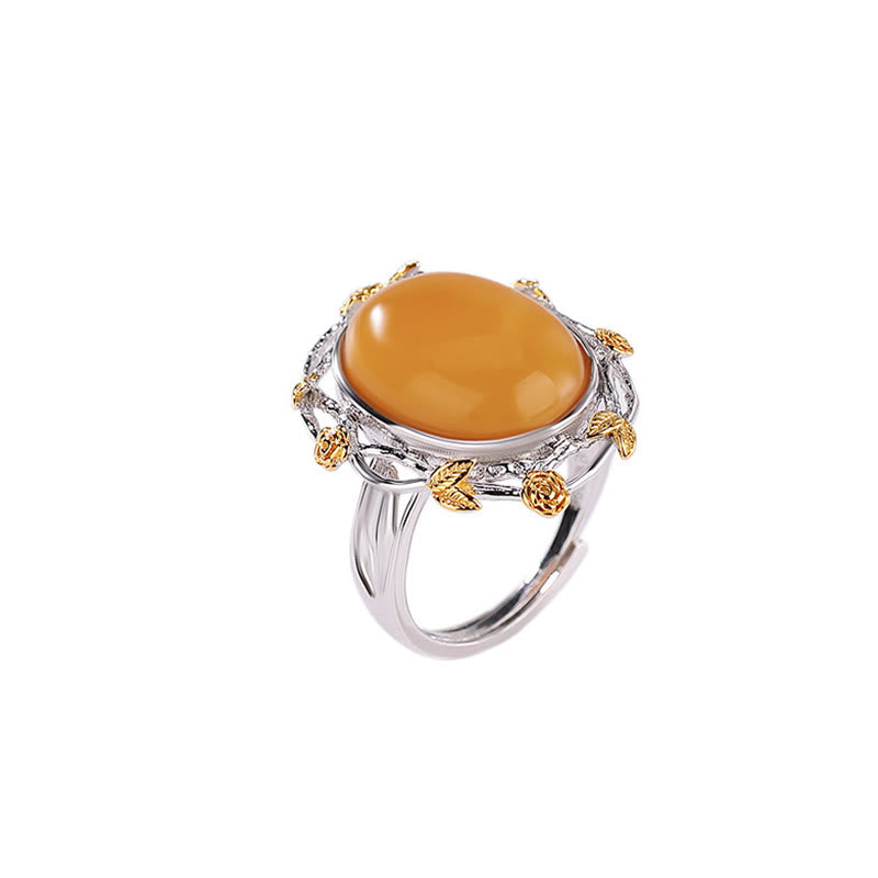 Anillo ajustable con enfoque en ámbar y oro bañado en plata esterlina 990 de Mythstone 