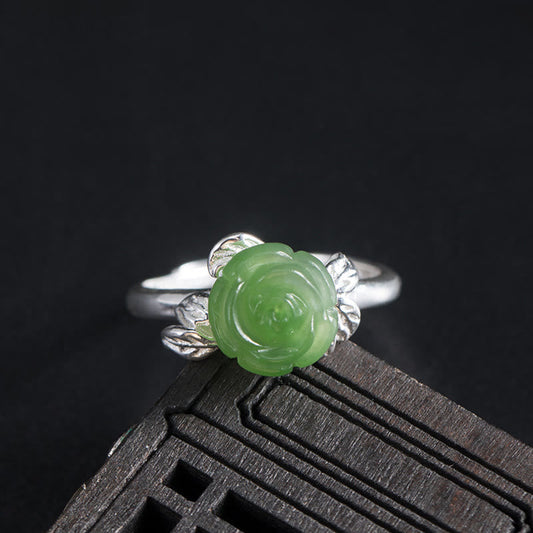 Mythstone 925 Sterling Silver Jade Green Rose Luck Adjustable Ring