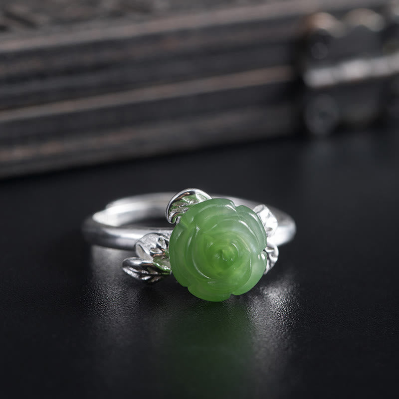 Mythstone 925 Sterling Silver Jade Green Rose Luck Adjustable Ring