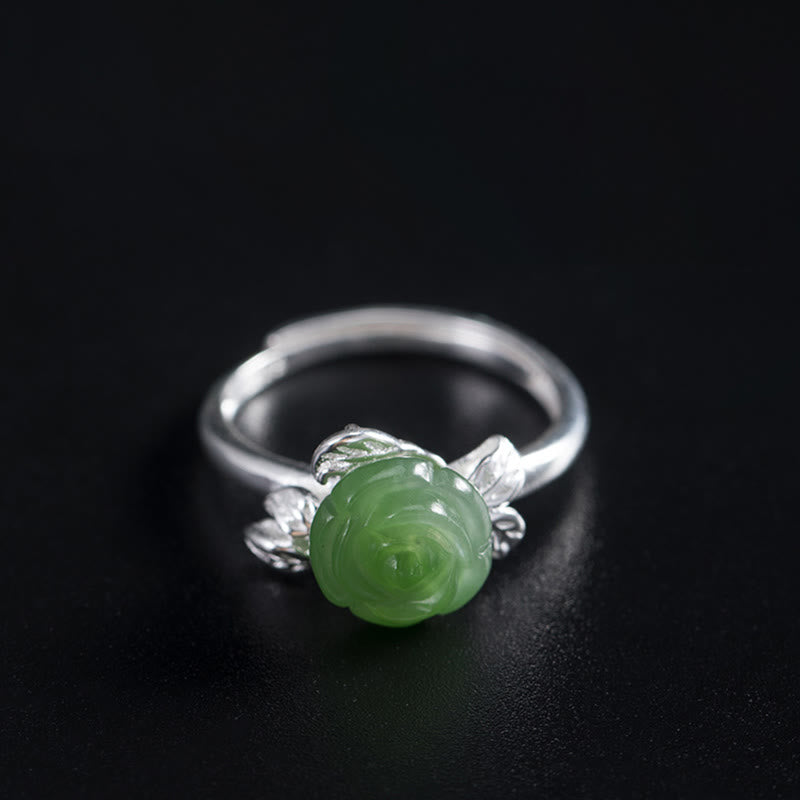 Mythstone 925 Sterling Silver Jade Green Rose Luck Adjustable Ring