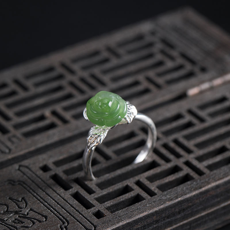 Mythstone 925 Sterling Silver Jade Green Rose Luck Adjustable Ring