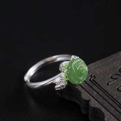 Mythstone 925 Sterling Silver Jade Green Rose Luck Adjustable Ring