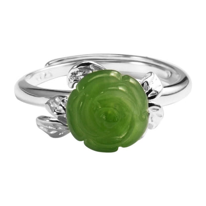 Mythstone 925 Sterling Silver Jade Green Rose Luck Adjustable Ring