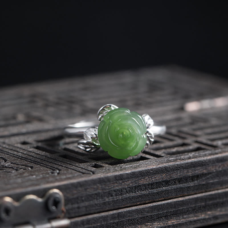 Mythstone 925 Sterling Silver Jade Green Rose Luck Adjustable Ring