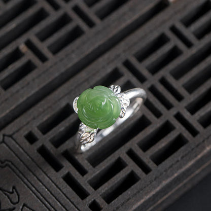 Mythstone 925 Sterling Silver Jade Green Rose Luck Adjustable Ring