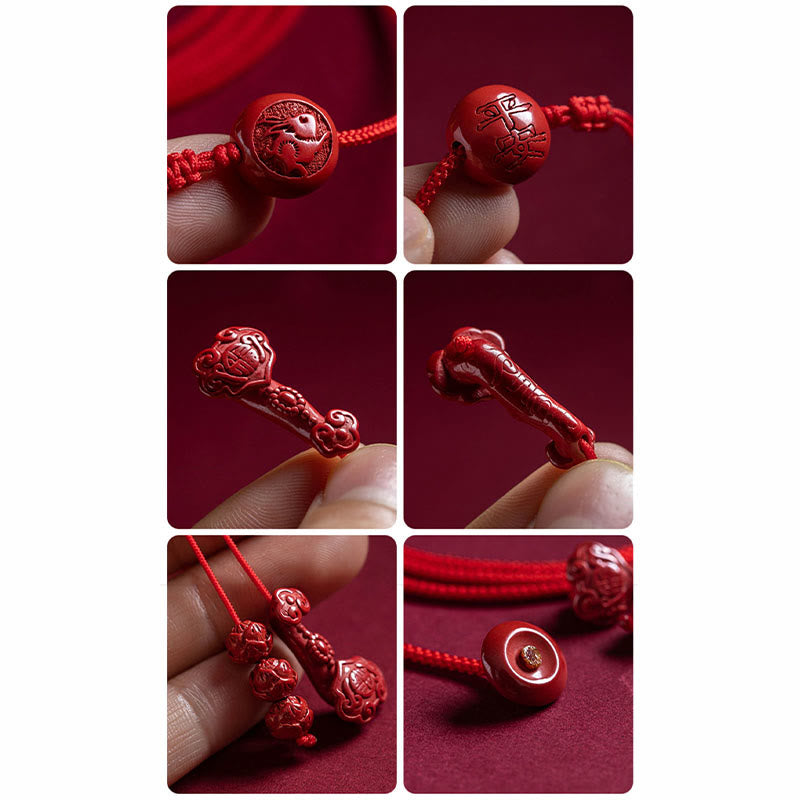 Mythstone Natural Cinnabar Chinese Zodiac Ruyi Handle Fu Character Lotus Blessing Red String Belly Chain