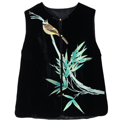 Mythstone Vintage Embroidery Bird Bamboo Pattern Vest