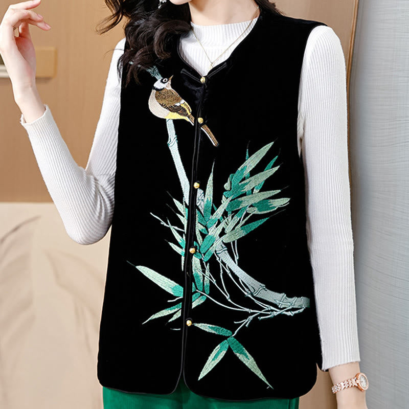 Mythstone Vintage Embroidery Bird Bamboo Pattern Vest