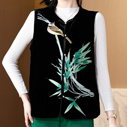 Mythstone Vintage Embroidery Bird Bamboo Pattern Vest