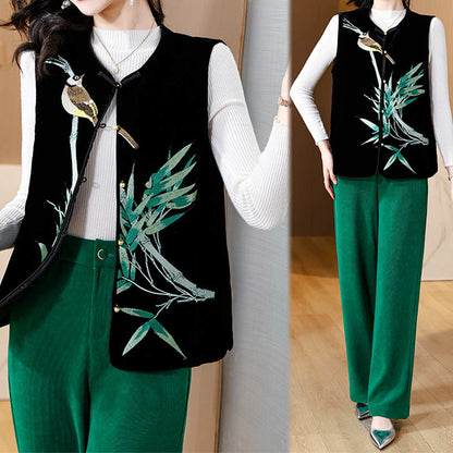 Mythstone Vintage Embroidery Bird Bamboo Pattern Vest