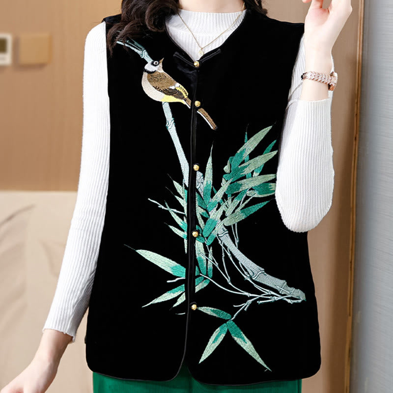 Mythstone Vintage Embroidery Bird Bamboo Pattern Vest