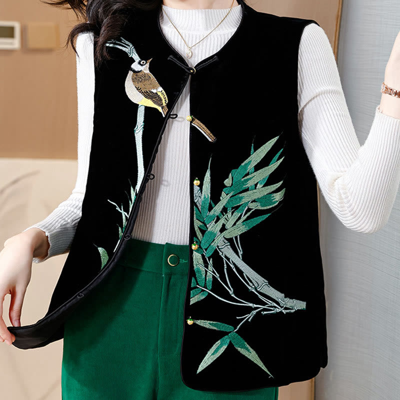 Mythstone Vintage Embroidery Bird Bamboo Pattern Vest