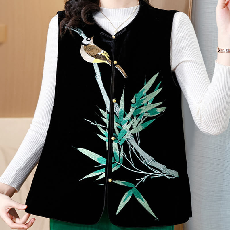 Mythstone Vintage Embroidery Bird Bamboo Pattern Vest