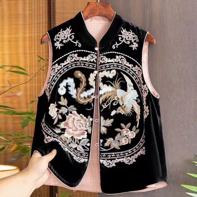 Mythstone Vintage Embroidery Flower Leaves Pattern Tang Suit Design Vest