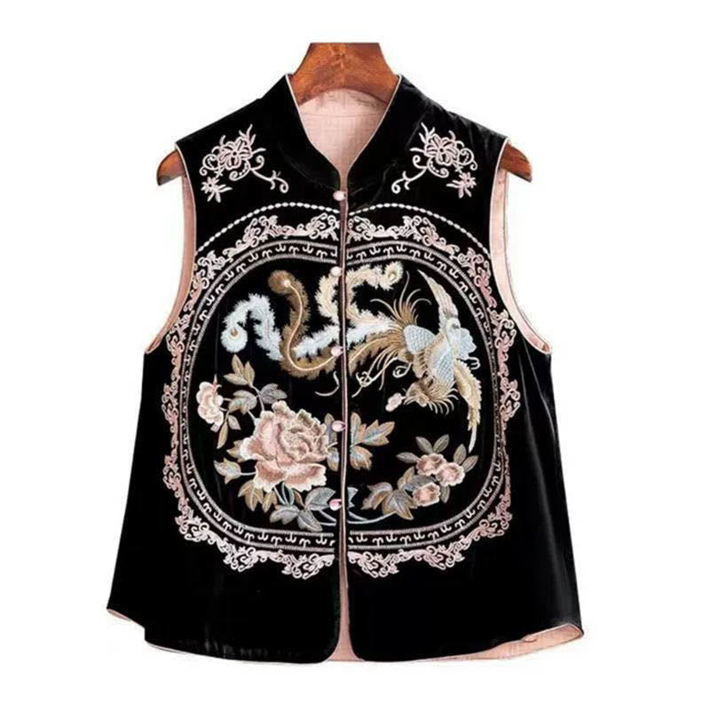 Mythstone Vintage Embroidery Flower Leaves Pattern Tang Suit Design Vest