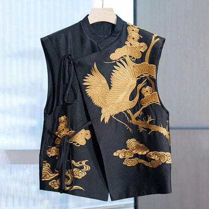 Mythstone Vintage Embroidery Golden Crane Cloud Pattern Vest