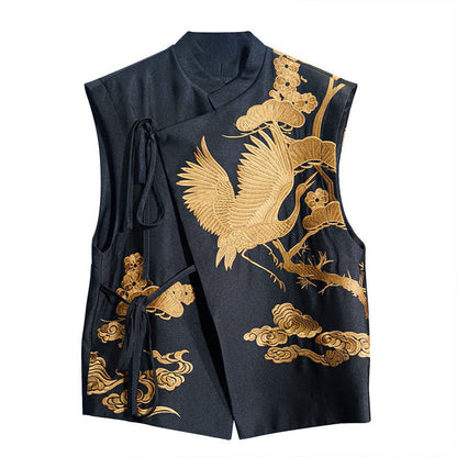 Mythstone Vintage Embroidery Golden Crane Cloud Pattern Vest