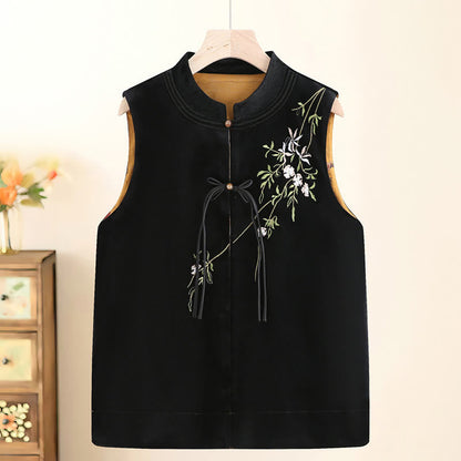 Mythstone Vintage Embroidery Leaves Flowers Pattern Velvet Vest