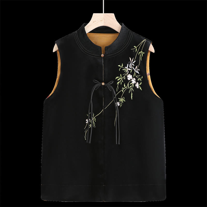 Mythstone Vintage Embroidery Leaves Flowers Pattern Velvet Vest