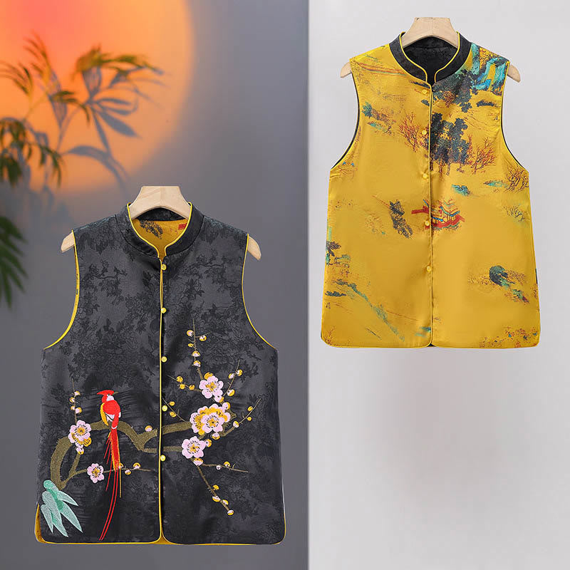 Mythstone Vintage Embroidery Plum Blossom Pattern Double-Sided Wear Vest