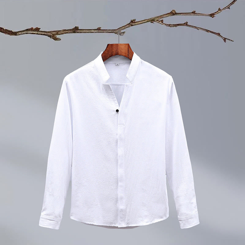 Mythstone Stand Collar Pure Color Casual Cotton Linen Shirt