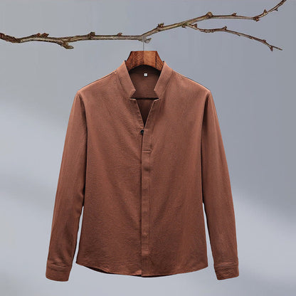 Mythstone Stand Collar Pure Color Casual Cotton Linen Shirt