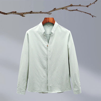 Mythstone Stand Collar Pure Color Casual Cotton Linen Shirt