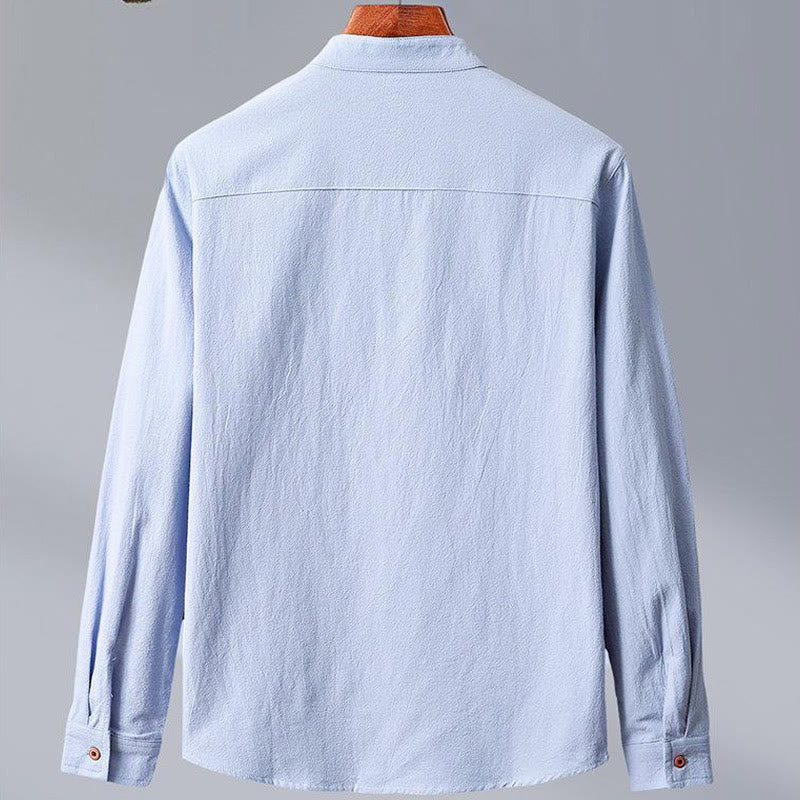 Mythstone Stand Collar Pure Color Casual Cotton Linen Shirt