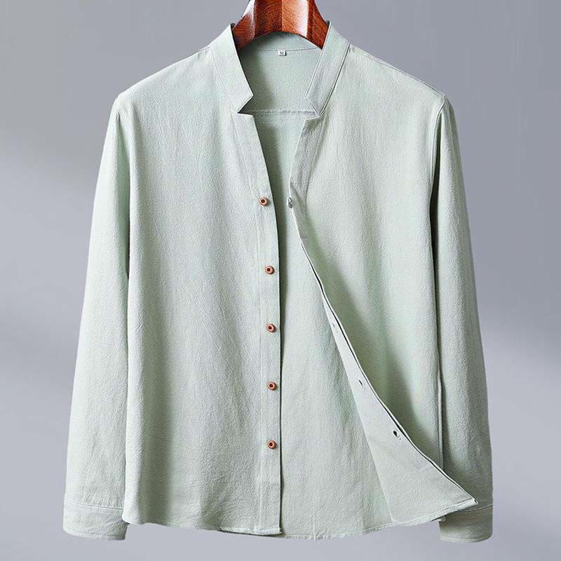 Mythstone Stand Collar Pure Color Casual Cotton Linen Shirt