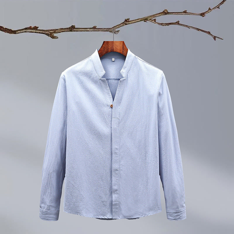 Mythstone Stand Collar Pure Color Casual Cotton Linen Shirt