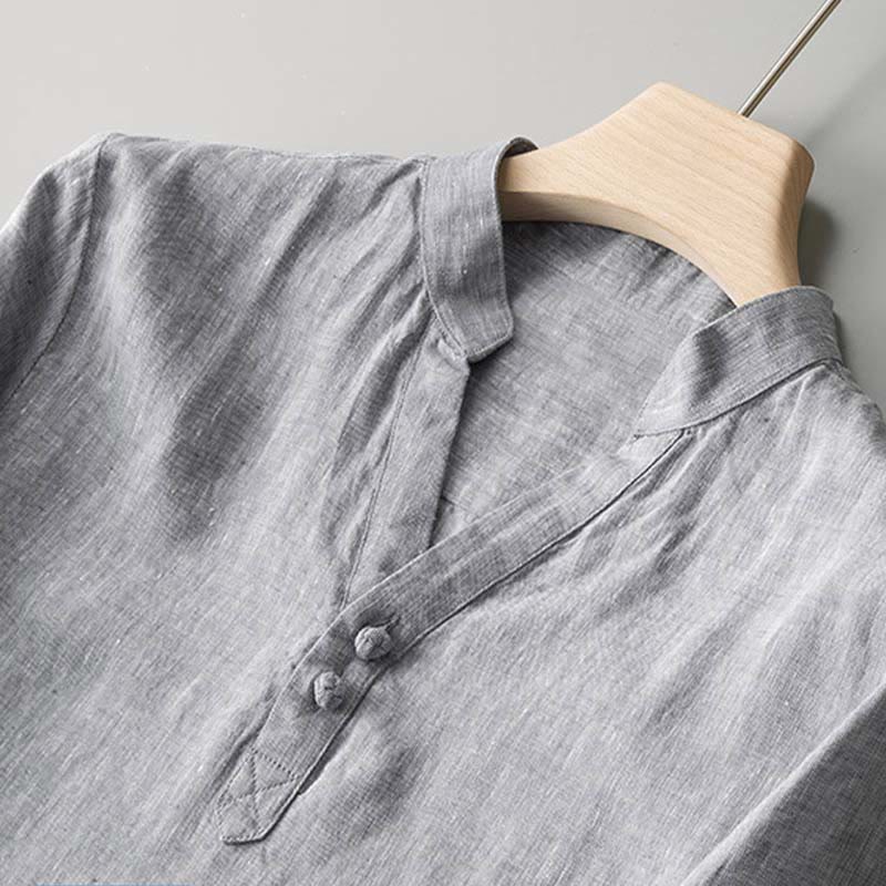 Mythstone Knot Button Pure Color Cotton Linen Pullover Shirt