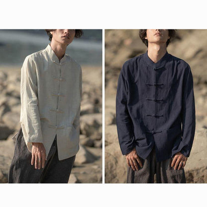 Mythstone Stand Collar Tang Suit Casual Cotton Linen Shirt