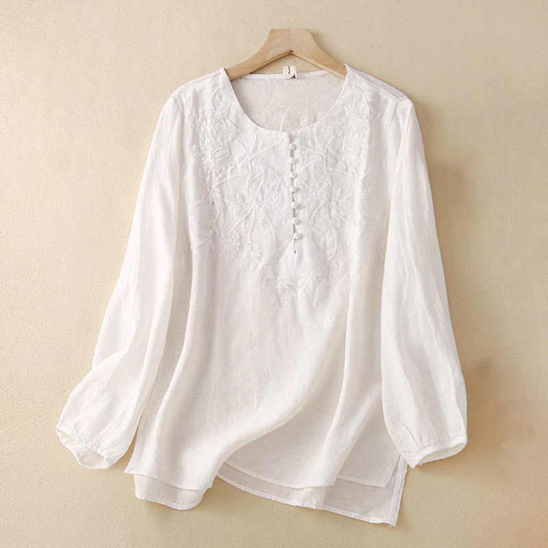 Mythstone Casual Embroidery Flower Round Neck Long Sleeve Cotton Linen Top Women's Shirts