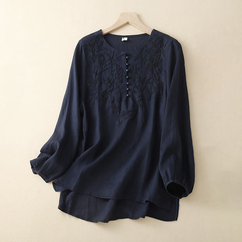 Mythstone Casual Embroidery Flower Round Neck Long Sleeve Cotton Linen Top Women's Shirts