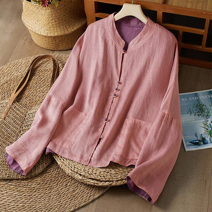 Mythstone V Neck Casual Solid Color Long Sleeve Shirt Cotton Linen Women's Shirts