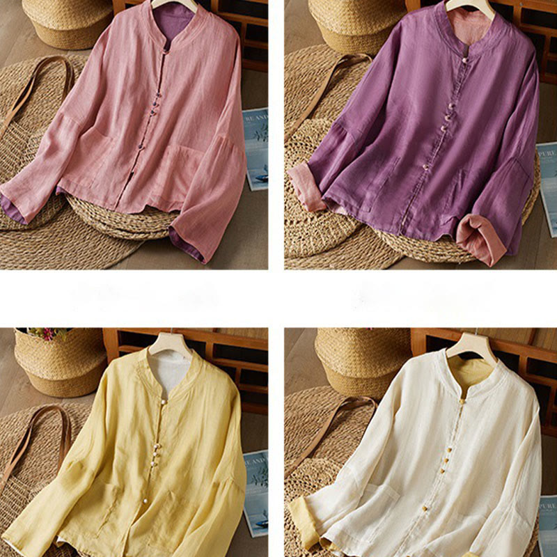 Mythstone V Neck Casual Solid Color Long Sleeve Shirt Cotton Linen Women's Shirts