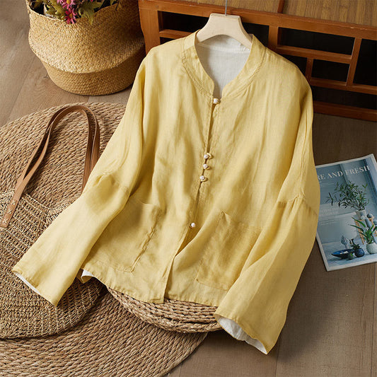 Mythstone V Neck Casual Solid Color Long Sleeve Shirt Cotton Linen Women's Shirts