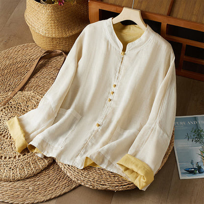 Mythstone V Neck Casual Solid Color Long Sleeve Shirt Cotton Linen Women's Shirts