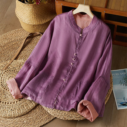 Mythstone V Neck Casual Solid Color Long Sleeve Shirt Cotton Linen Women's Shirts