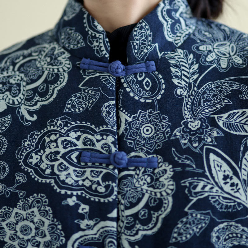 Mythstone Winter Blue And White Flowers Warm Frog Button Design Long Sleeve Cotton Jacket